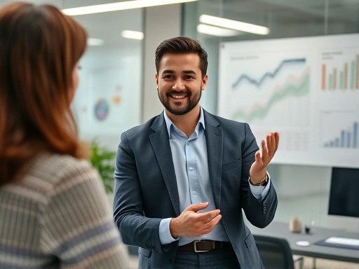 A professional person in a modern office, confidently explaining their work process during an interview, with charts in the background, demonstrating work style.