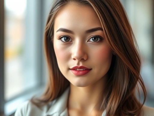 A confident young professional, male or female, with neatly styled hair and subtle makeup, looking directly at the viewer in a well-lit interview setting, embodying a perfect and polished look.