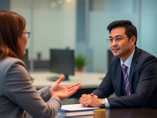 A professional setting with an interviewer and a candidate engaged in a thoughtful dialogue, implying a smart reverse question being asked. Focus on eye contact and engaged body language, with a subtle background of an office or meeting room.