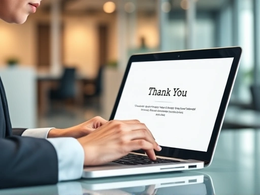 A professional, well-dressed person typing a thank you email on a laptop, with a blurred office background, symbolizing job interview success and communication, focusing on detailed steps to increase success rate.