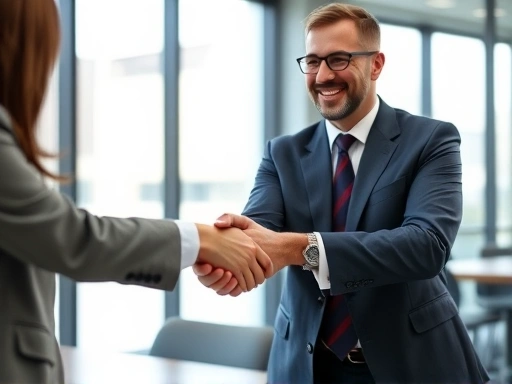 A professional shaking hands with a polite smile, indicating a respectful job offer decline while maintaining a good relationship. Soft lighting, modern office setting, focus on hands and subtle facial expressions.