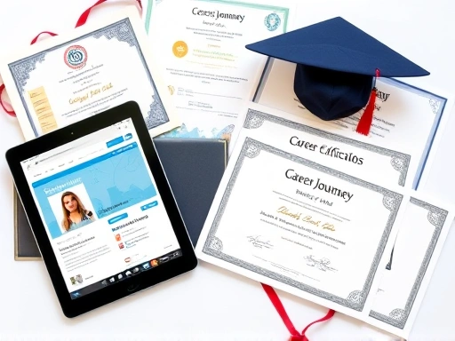 A professional portfolio displaying various certifications and educational achievements, showcasing a career journey. The image should feature a blend of digital and physical elements, like a tablet showing a LinkedIn profile and neatly arranged certificates. Focus on the sense of accomplishment and clarity.