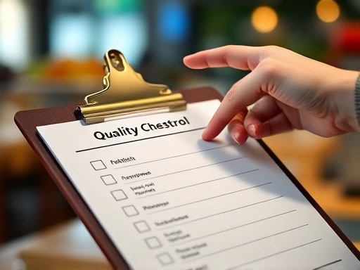 Close-up on a clipboard with a checklist for food quality control, with a blurred background showing a hand reaching for a 