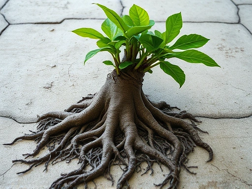 A close-up shot of a sturdy tree with deep roots, growing through cracks in concrete, symbolizing resilience and growth in challenging environments, with new green leaves emerging, illustrating strength and adaptability.