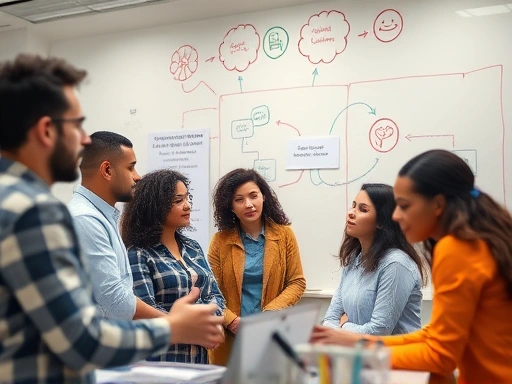 A dynamic image of a diverse R&D team brainstorming innovative solutions, with thought bubbles and a whiteboard, emphasizing collaboration and new ideas. Focus on a modern lab setting.