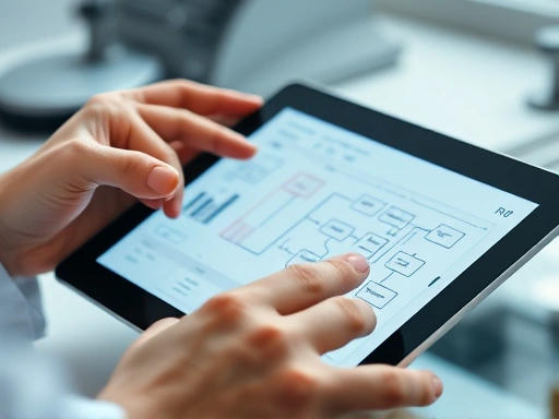 Close-up shot of a researcher's hands analyzing data on a tablet, with a complex flowchart or logic diagram on the screen, illustrating precise analytical thinking in an R&D context.