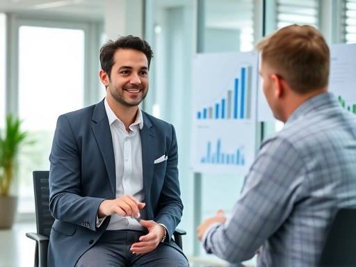 A confident job candidate in a modern office setting, discussing sales performance during an interview, with charts and graphs subtly in the background, professional attire, clear and positive body language.