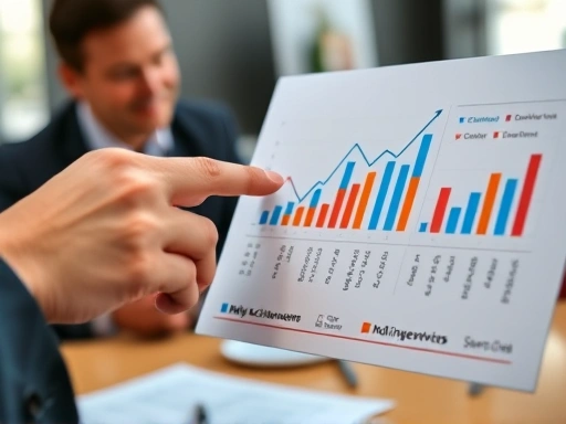 Close-up of a hand pointing at a data chart during a sales interview, illustrating specific achievements, with a blurred background of an interviewer nodding, emphasizing detailed and quantifiable results.