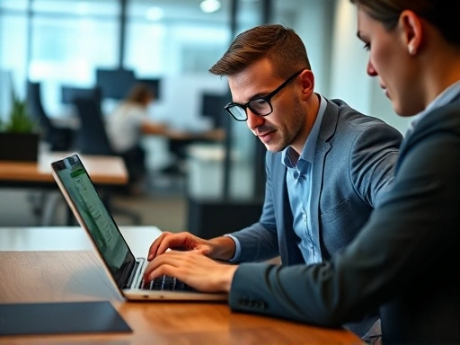 A determined job seeker sending a professional email on a laptop, with a blurred office background, symbolizing a second chance and persistence in career pursuit.