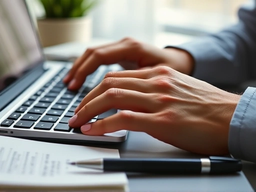 Close-up of a person's hand typing on a keyboard, focusing on the details of writing a thoughtful and strategic appeal email for a second interview, with a pen and notepad nearby.