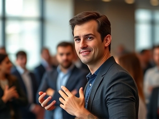 A confident person delivering a concise and impactful self-introduction in a professional networking event, with blurred background of attentive listeners, showing charisma and clarity.