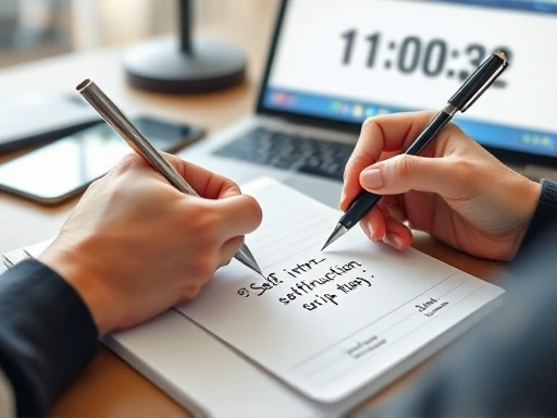 A close-up shot of a person's hand holding a pen, writing notes on a pad with keywords related to 