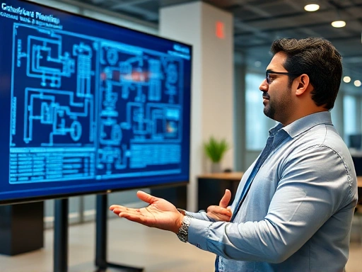 A confident person in a modern office setting, discussing technical schematics on a large display, representing technical expertise in a semiconductor interview. The scene emphasizes precision and professionalism.