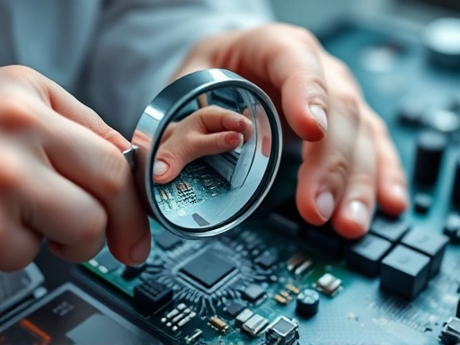 Close-up of hands meticulously analyzing a detailed circuit board with a magnifying glass, in a cleanroom-like environment, symbolizing the precision and attention to detail required in semiconductor engineering.