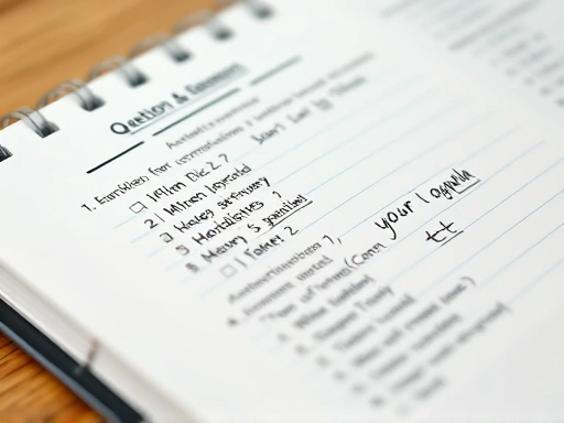 Close-up of a well-organized notebook with handwritten interview questions and answers, showing detailed preparation for maintaining consistency in sequential interviews.