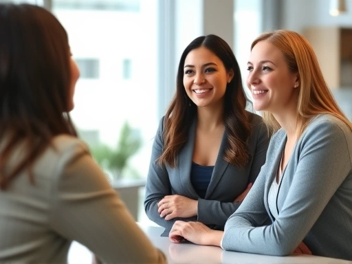 A confident job candidate in a professional setting, engaging with an interviewer, showing excellent communication and active listening, highlighting customer service skills.