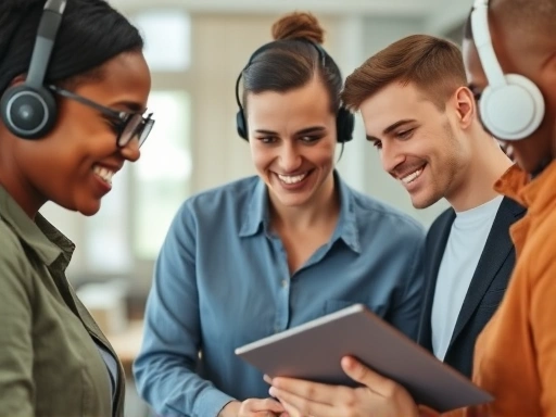 Close-up of a diverse group of customer service representatives collaboratively solving a problem with a positive attitude, emphasizing teamwork and empathy.