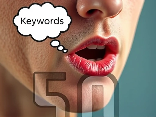Close-up on a person's mouth and chin as they speak, with a thought bubble above their head showing keywords and a timer counting down. The image should capture the intensity and precision of delivering a concise message in a limited time, emphasizing the strategic thought process.