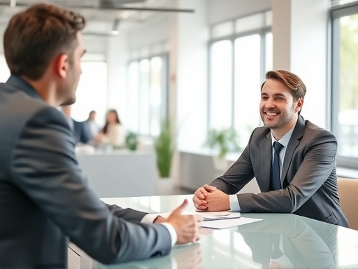 A confident job candidate sitting at a table with an interviewer, actively listening and preparing to speak concisely. The scene should convey a professional and focused atmosphere, highlighting effective communication and interview success. Bright, modern office setting.