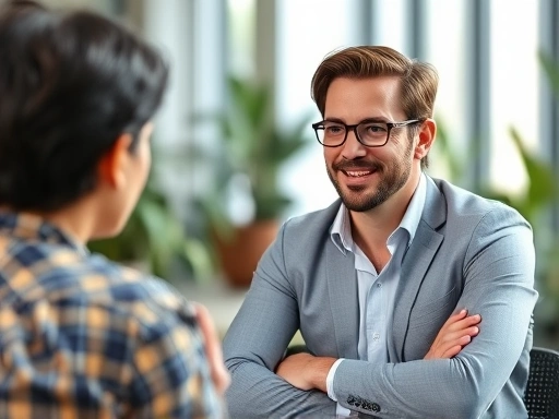 A confident job candidate engaged in a startup interview, looking determined and forward-thinking, demonstrating challenge spirit and growth potential, modern office setting, professional attire, clear light.