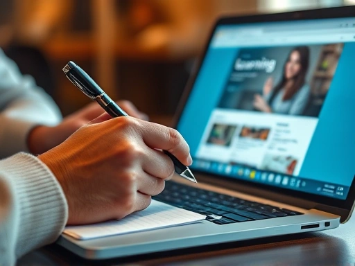 Close-up shot of a hand writing notes during an interview, with a laptop showing a learning platform or personal project on the screen, symbolizing continuous learning and development, warm lighting, focused.