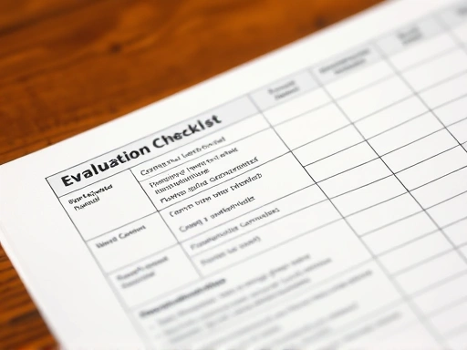 A close-up of an evaluation rubric or checklist, with various competency areas and scoring criteria clearly visible, emphasizing meticulous assessment.