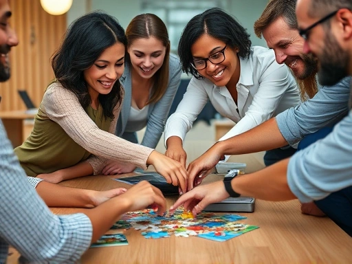 A close-up shot of diverse team members enthusiastically collaborating on a puzzle or a strategic game, demonstrating synergy and positive interaction, with hands working together on a table.