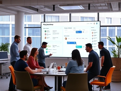 A vibrant, modern office environment with diverse team members collaborating seamlessly around a large screen displaying project workflows, symbolizing innovation and efficiency.