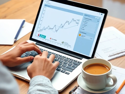 Close-up of hands typing on a laptop with a complex chart on the screen, surrounded by notes and a coffee cup, symbolizing individual contribution and problem-solving.