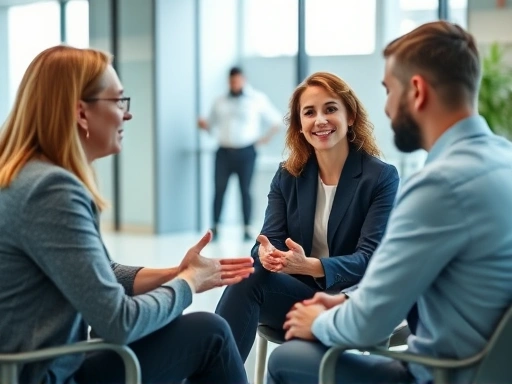 A professional mediator facilitating a constructive discussion between two team members in a modern office setting, showing active listening and balanced participation, with a focus on problem-solving.