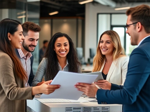 A diverse team of professionals collaboratively working on a project, smiling and exchanging ideas in a modern office, emphasizing communication and synergy. Focus on teamwork, collaboration, office, project, diversity.