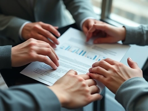 Close-up shot of hands from different team members working together on a single document or digital screen, symbolizing shared effort and mutual goal. Focus on hands, document, screen, teamwork, joint effort.