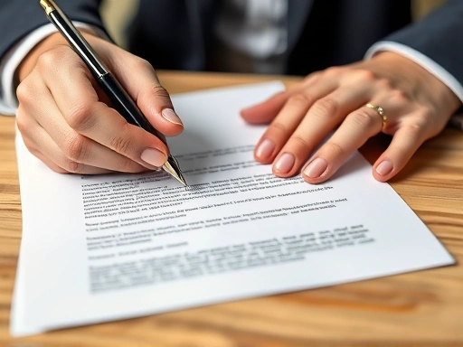 Close-up of a person's hands holding a pen over a professional letter, thoughtfully considering how to politely decline a job offer, showing sincerity and attention to detail.