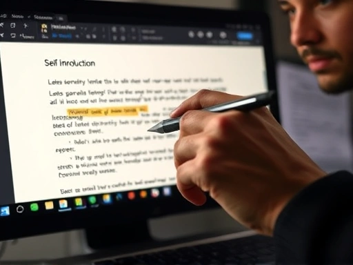 A close-up shot of a hand meticulously editing a self-introduction letter on a computer screen, highlighting key phrases and revised sections. The background shows blurred notes and a determined expression, emphasizing the importance of detailed refinement.