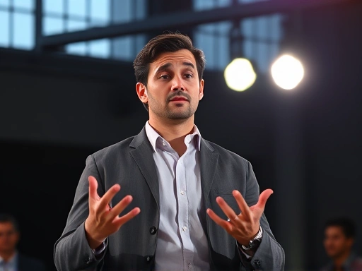A person confidently presenting their unique strengths and competitiveness in a professional setting, surrounded by vibrant light, focusing on the speaker's posture and expressions.