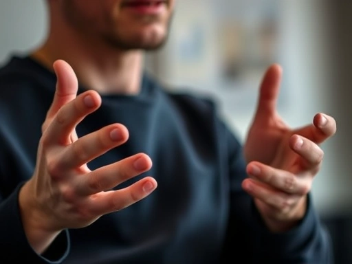 A close-up of a person's hands gesturing confidently while speaking, with subtle background blur, emphasizing communication and unique strength.