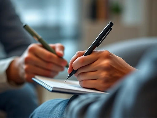 Close-up of a person's hands holding a pen and notepad during a virtual interview, showing active listening and note-taking, calm demeanor, subtle background blur, focus on reaction management.