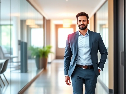 A person confidently walking into an office for a walk-in interview, looking professional and prepared, with a bright, welcoming office environment in the background, conveying readiness and professionalism.