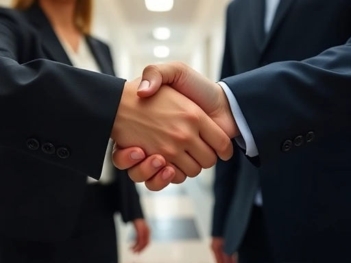 Close-up of two hands shaking firmly and professionally during a walk-in interview, conveying a strong first impression, trust, and a positive professional connection.