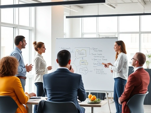 A diverse team of professionals actively brainstorming and collaborating around a whiteboard in a modern, brightly lit office, demonstrating teamwork and innovative thinking in a workshop interview setting.
