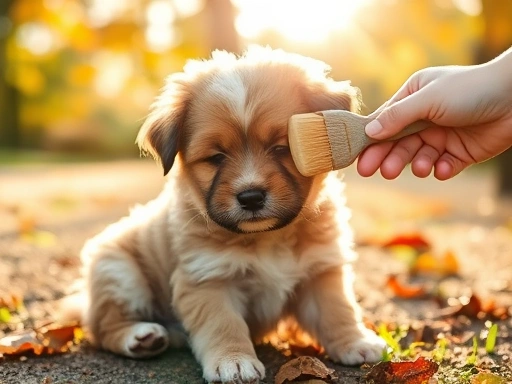 따뜻한 가을 햇살 아래, 풍성한 털을 가진 강아지가 보호자의 부드러운 손길에 의해 데스케줄링 브러시로 빗질되는 평화로운 모습