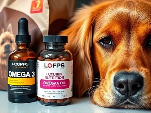고급스러운 반려동물 사료 봉투 옆에 오메가-3 오일 병과 비타민 보조제 병이 놓여 있고, 그 옆으로 윤기 나는 반려동물의 털이 클로즈업된 모습