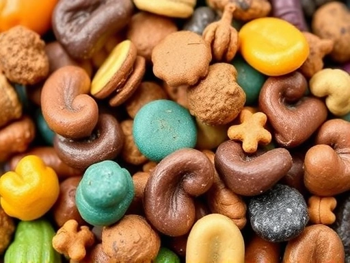 강아지 똥의 다양한 색깔을 클로즈업하여 보여주는 이미지