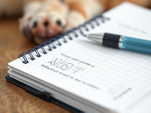 보호자가 수의사에게 보여주기 위해 강아지 경련 발작 증상을 기록한 수첩과 펜의 클로즈업, 강아지 뇌전증 및 발작 원인 파악을 위한 상세한 정보 기록의 중요성을 보여줍니다.