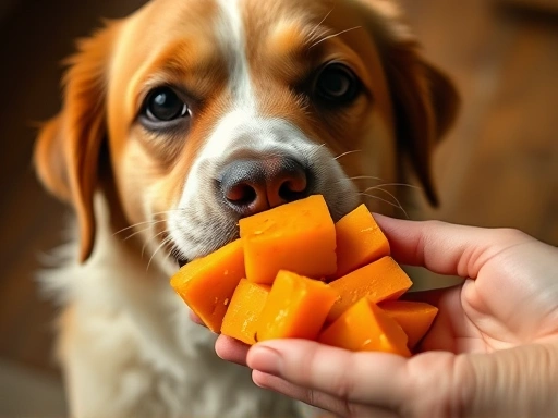 강아지에게 맛있게 삶아진 고구마를 적정량 급여하는 모습