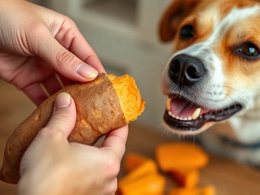 강아지에게 고구마를 주기 전 껍질을 벗기는 클로즈업 샷, 안전하고 위생적인 느낌 강조