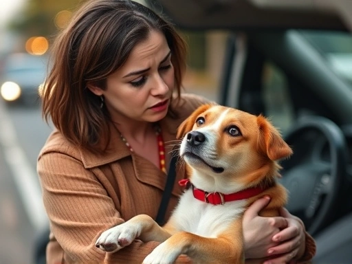 교통사고를 당한 강아지를 안고 걱정스러운 표정으로 바라보는 여성의 모습