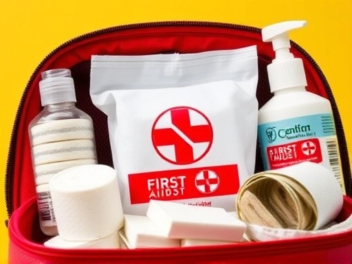 강아지 응급처치 키트 클로즈업, 멸균 거즈, 소독약, 붕대 등 필수품 강조, 밝은 배경