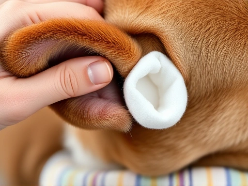 반려견의 귀를 마사지하는 주인의 손과 편안해 보이는 강아지의 귀가 클로즈업된 장면