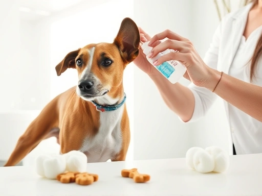 밝고 깨끗한 환경에서 주인이 강아지의 귀를 부드럽게 들어 올리고 강아지 전용 귀 세정제를 조심스럽게 넣는 모습